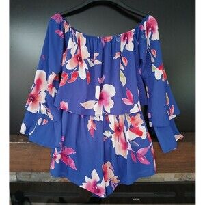 Peach Love California Womens 1-Piece Blue Floral Short Romper Off Shoulder Lined